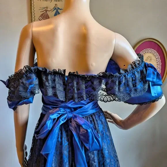 Vintage 80s Gunne Sax Ball Gown Southern Belle Maxi Dress Blue Satin Lace Size 5 - Picture 13 of 14